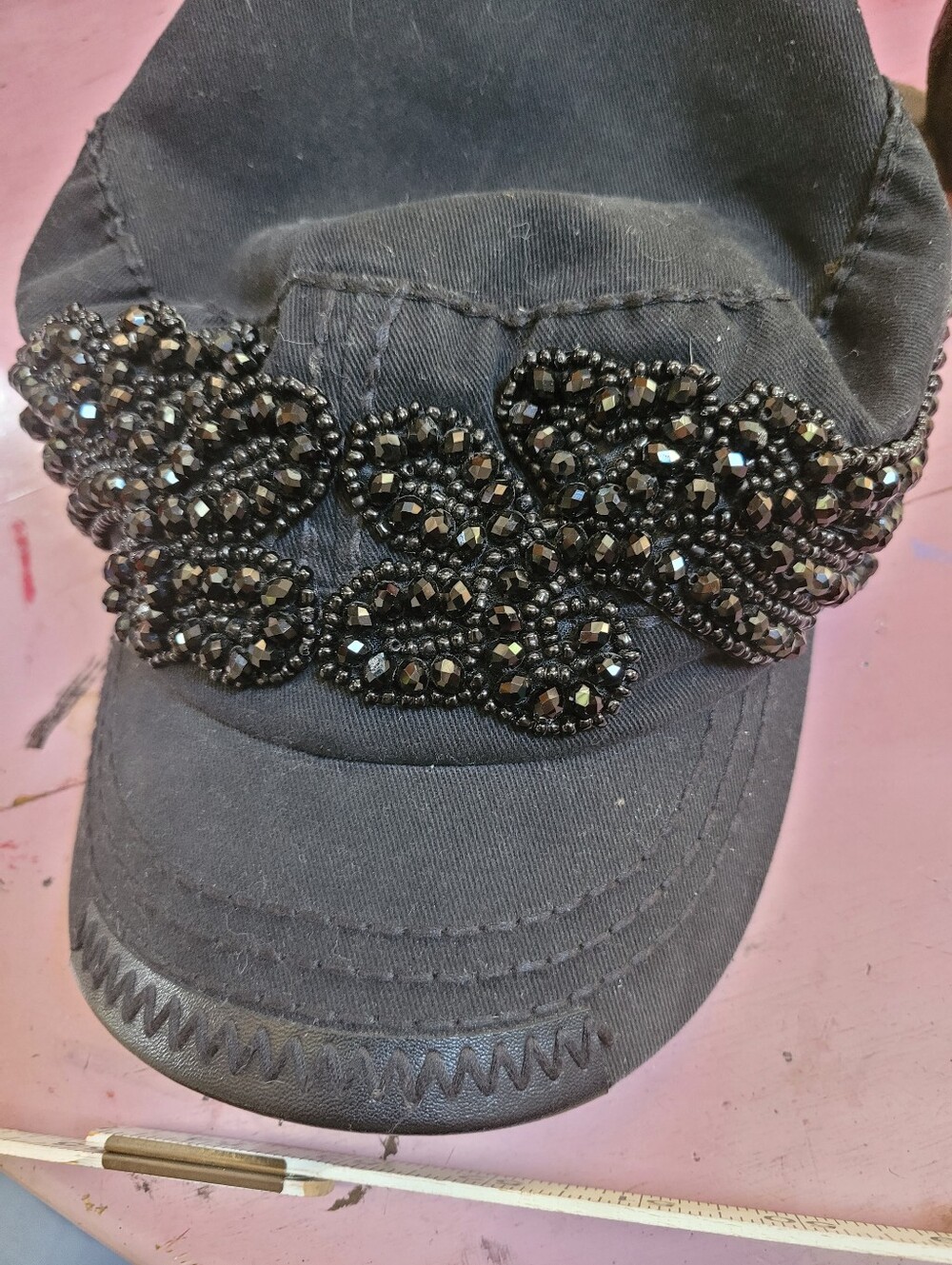 Olive & Pique Leather Cotton Floral Heart Embellished Black Beaded Women's Cap